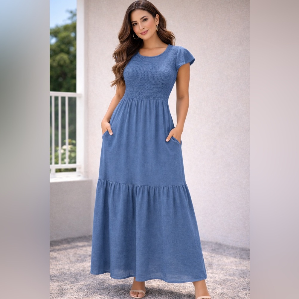 Ofeefan Blue Smocked Maxi Dress Size L Short Sleeve Tiered Hem With Pockets